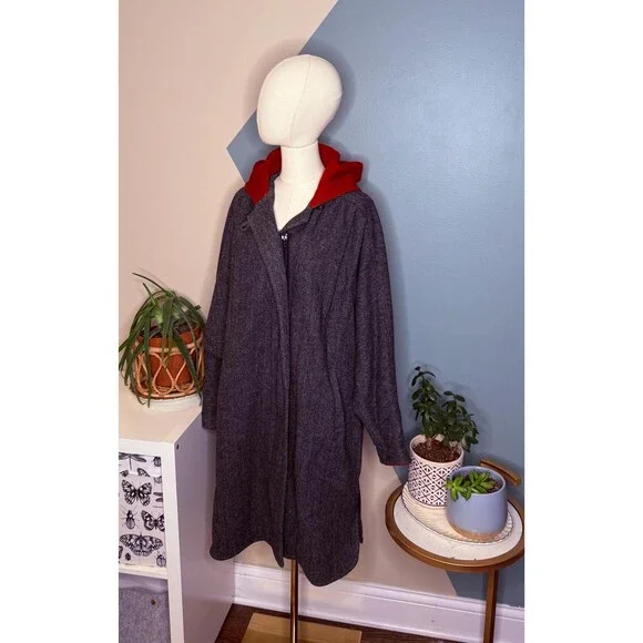 Vintage 90s Wool Hooded Swing Coat Cocoon Dolman Herringbone Small - Picture 2 of 14